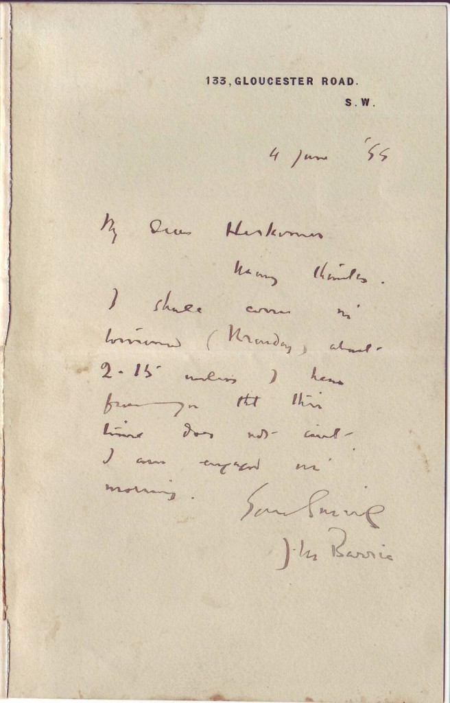 BARRIE, JAMES MATTHEW. Autograph Letter Signed, J.M Barrie, to My dear Herkimer[?],
